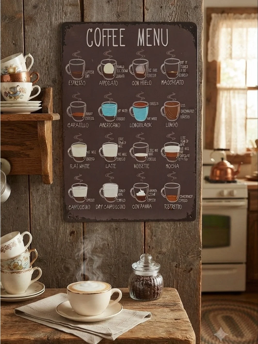 Coffee Menu Wall Art with Brown and White Design